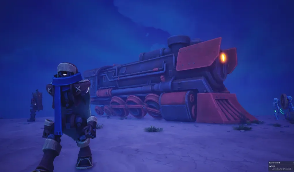 Un robot vaquero con bufanda azul camina en primer plano frente a la gran locomotora de extracción de estilo steampunk roja y azul en el juego Far Far West durante la noche nevada.