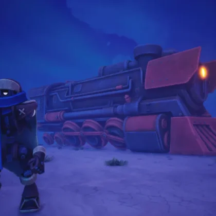 Un robot vaquero con bufanda azul camina en primer plano frente a la gran locomotora de extracción de estilo steampunk roja y azul en el juego Far Far West durante la noche nevada.