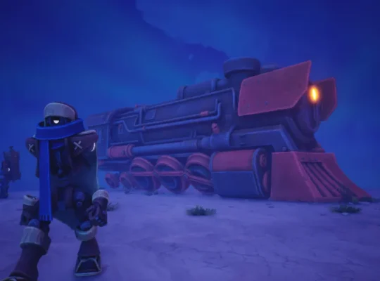 Un robot vaquero con bufanda azul camina en primer plano frente a la gran locomotora de extracción de estilo steampunk roja y azul en el juego Far Far West durante la noche nevada.