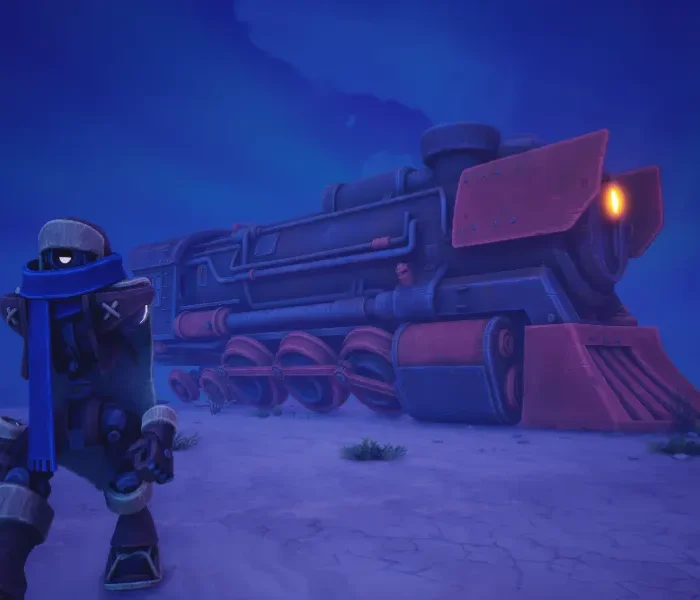 Un robot vaquero con bufanda azul camina en primer plano frente a la gran locomotora de extracción de estilo steampunk roja y azul en el juego Far Far West durante la noche nevada.