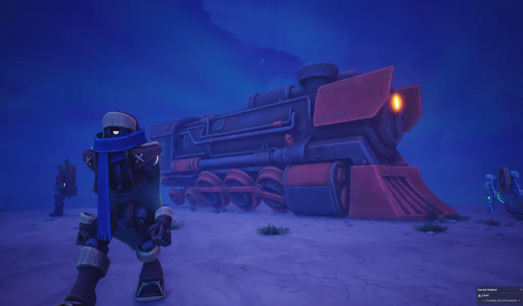 Un robot vaquero con bufanda azul camina en primer plano frente a la gran locomotora de extracción de estilo steampunk roja y azul en el juego Far Far West durante la noche nevada.