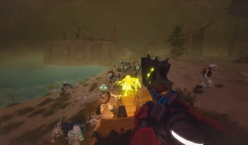 Jugador disparando a una horda de esqueletos brillantes en las vías del tren para asegurar la extracción en Far Far West.