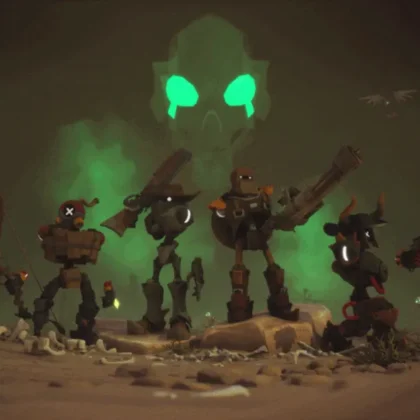 Grupo de cuatro vaqueros robóticos armados posando en una cueva frente a una calavera brillante en el juego cooperativo Far Far West.