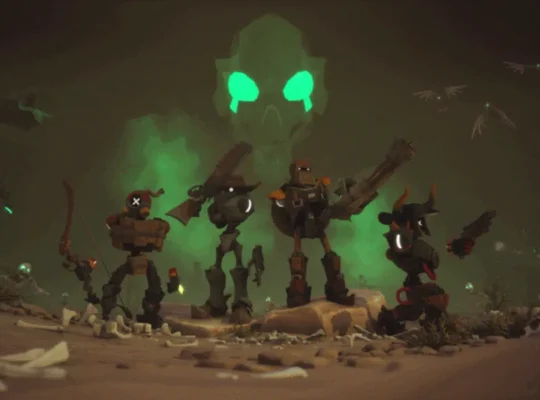 Grupo de cuatro vaqueros robóticos armados posando en una cueva frente a una calavera brillante en el juego cooperativo Far Far West.