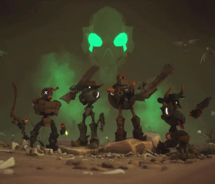 Grupo de cuatro vaqueros robóticos armados posando en una cueva frente a una calavera brillante en el juego cooperativo Far Far West.