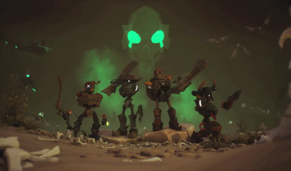 Grupo de cuatro vaqueros robóticos armados posando en una cueva frente a una calavera brillante en el juego cooperativo Far Far West.